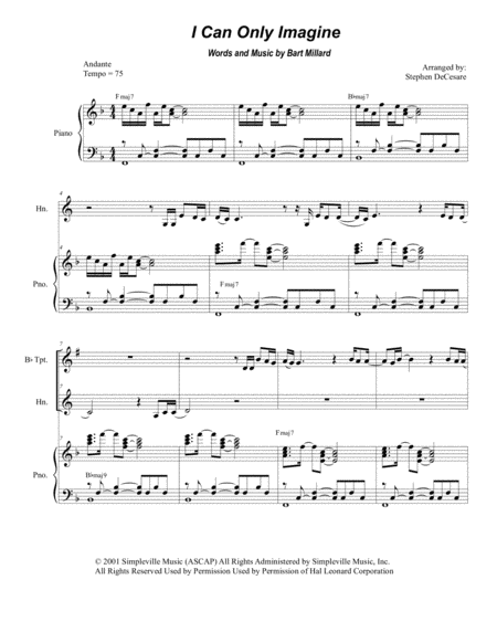 Free Sheet Music I Can Only Imagine Duet For Bb Trumpet And French Horn