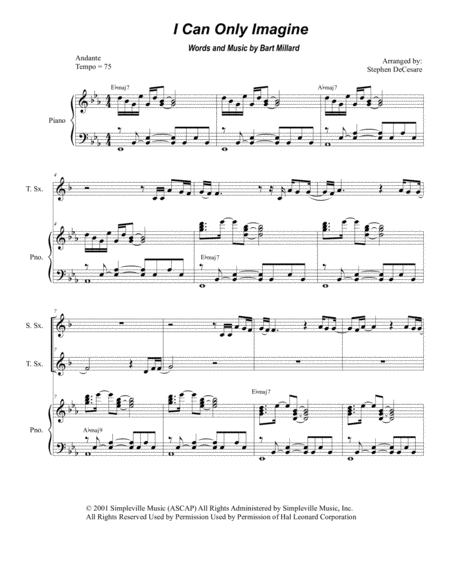 Free Sheet Music I Can Only Imagine Duet For Soprano And Tenor Saxophone