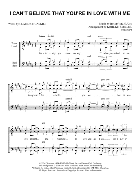 Free Sheet Music I Cant Believe That You Re In Love With Me Ttbb