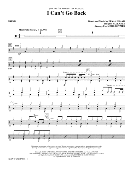 Free Sheet Music I Cant Go Back From Pretty Woman The Musical Arr Mark Brymer Drums
