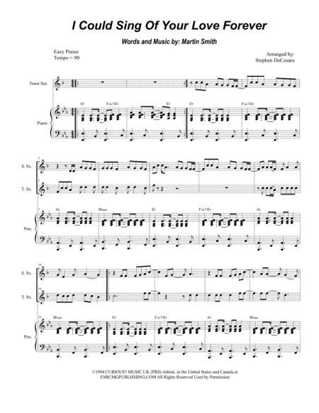 I Could Sing Of Your Love Forever Duet For Soprano And Tenor Saxophone Sheet Music