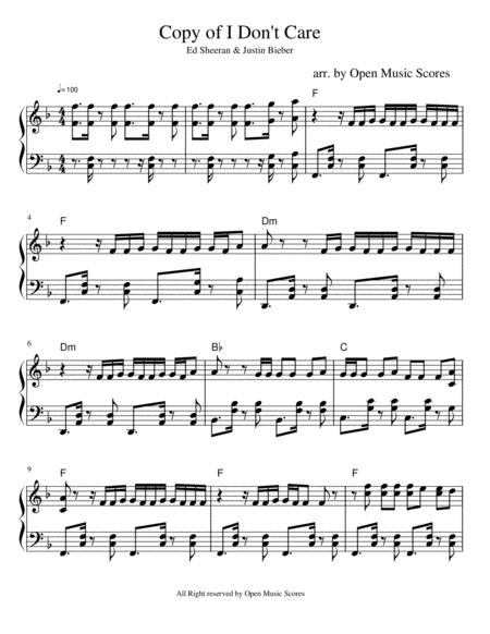 Free Sheet Music I Dont Care Easy Piano