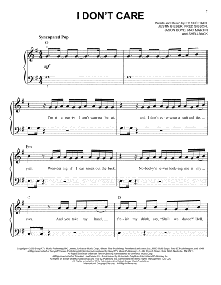 I Dont Care Sheet Music