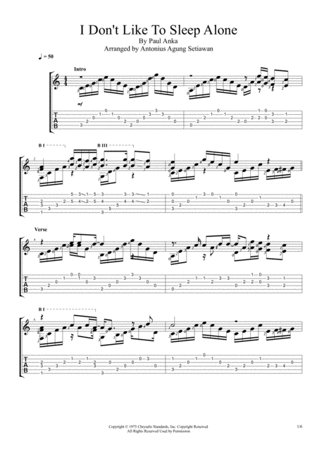 Free Sheet Music I Dont Like To Sleep Alone Fingerstyle Guitar Solo