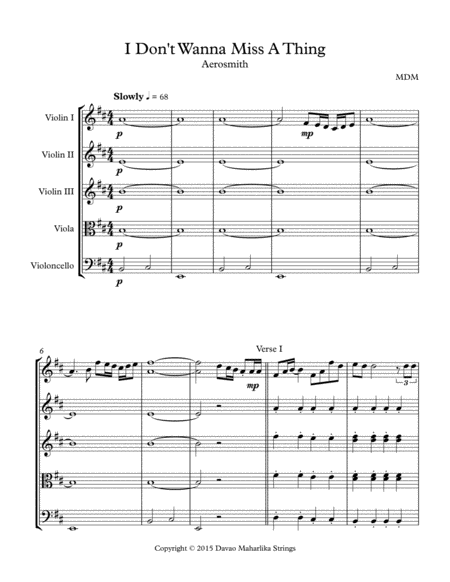 I Dont Wanna Miss A Thing String Quartet Sheet Music