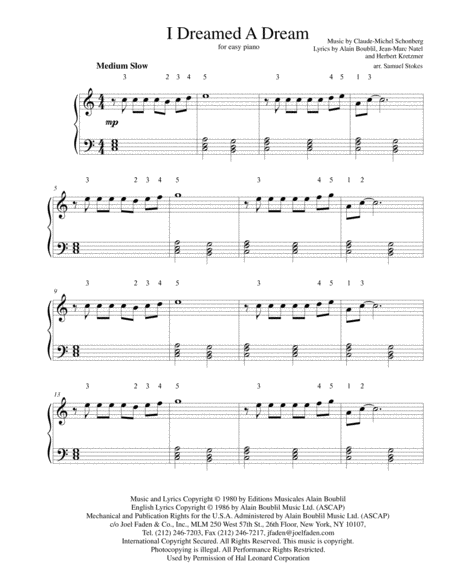 Free Sheet Music I Dreamed A Dream From Les Miserables For Easy Piano