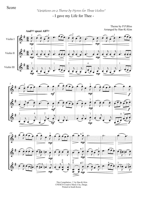 Free Sheet Music I Gave My Life For Thee For 3vns Or 2vns And Va