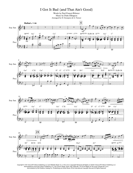 Free Sheet Music I Got It Bad And That Aint Good Soprano Sax Opt Clarinet Solo Ballad With Piano Accompaniment Duke Ellington Ella Fitzgerald