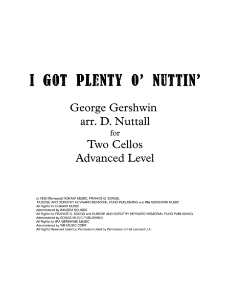 I Got Plenty O Nuttin For Two Cellos From Porgy And Bess Sheet Music