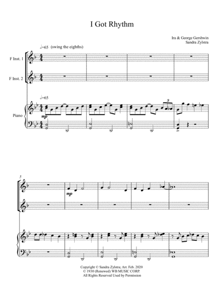 Free Sheet Music I Got Rhythm Treble F Instrument Duet