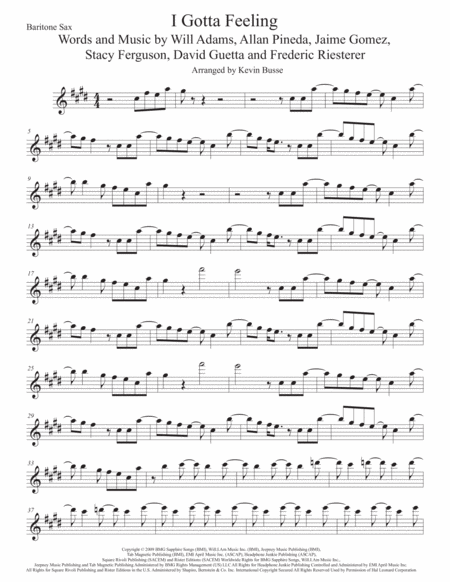 I Gotta Feeling Bari Sax Original Key Sheet Music