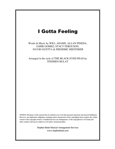 Free Sheet Music I Gotta Feeling The Black Eyed Peas Lead Sheet In Original Key Of G