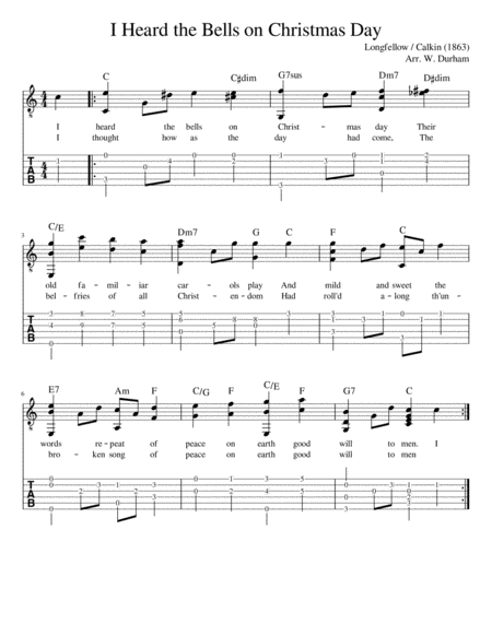 I Heard The Bells On Christmas Day Fingerstyle Guitar Tab Notation Lyrics Sheet Music