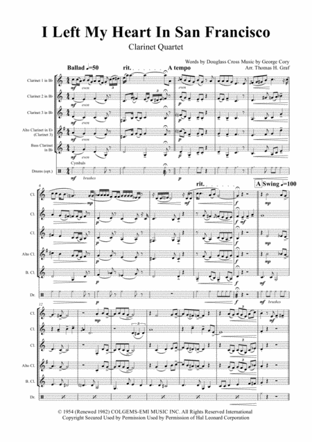 I Left My Heart In San Francisco Tony Bennett Clarinet Quartet Sheet Music