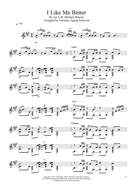 Free Sheet Music I Like Me Better Solo Guitar Score