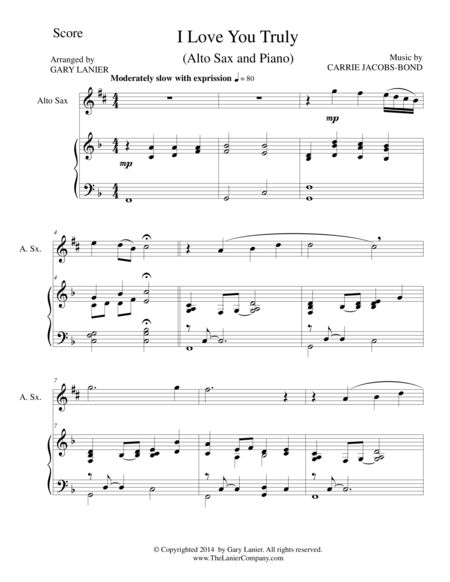 I Love You Truly Duet For Alto Sax Piano With Score And Sax Part Sheet Music