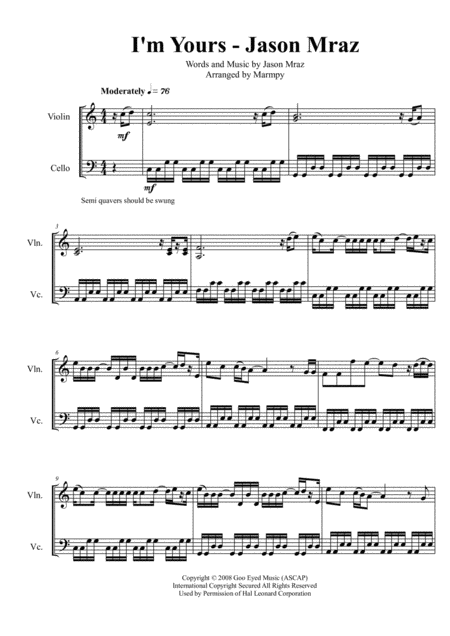 I M Yours Jason Mraz Arranged For String Duet Sheet Music