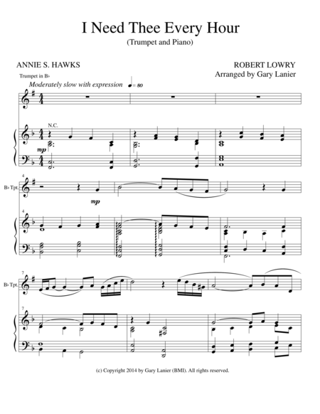 Free Sheet Music I Need Thee Every Hour Bb Trumpet Solo With Piano And Trp Part