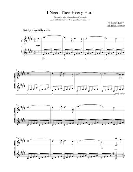 Free Sheet Music I Need Thee Every Hour By Brad Jacobsen