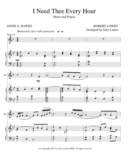 Free Sheet Music I Need Thee Every Hour Horn Solo With Piano And Hrn Part