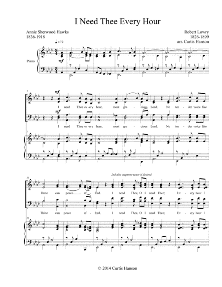 Free Sheet Music I Need Thee Every Hour Satb