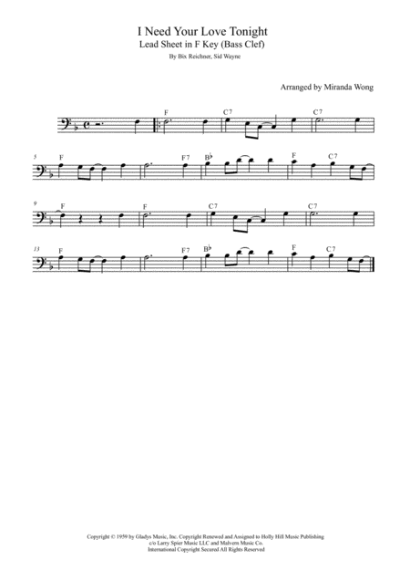 Free Sheet Music I Need Your Love Tonight Trombone Or Bassoon Solo In F Key With Chords