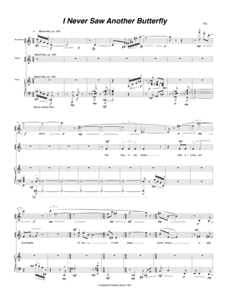 Free Sheet Music I Never Saw Another Butterfly 1991 For Mezzo Soprano Clarinet And Piano