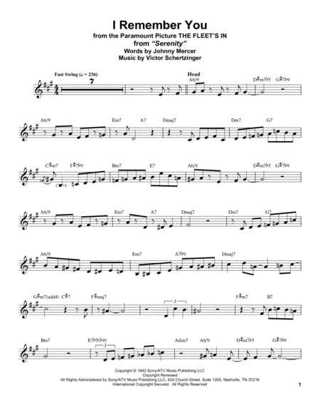 Free Sheet Music I Remember You From The Fleets In