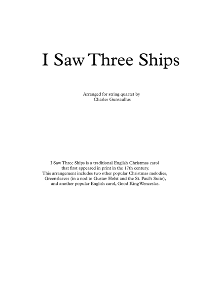 I Saw Three Ships Christmas String Quartet Sheet Music