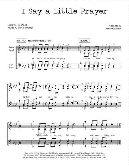 Free Sheet Music I Say A Little Prayer Womens Barbershop Choral Pricing