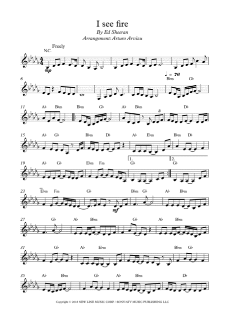 I See Fire Ed Sheeran Bbm Lead Sheet Sheet Music