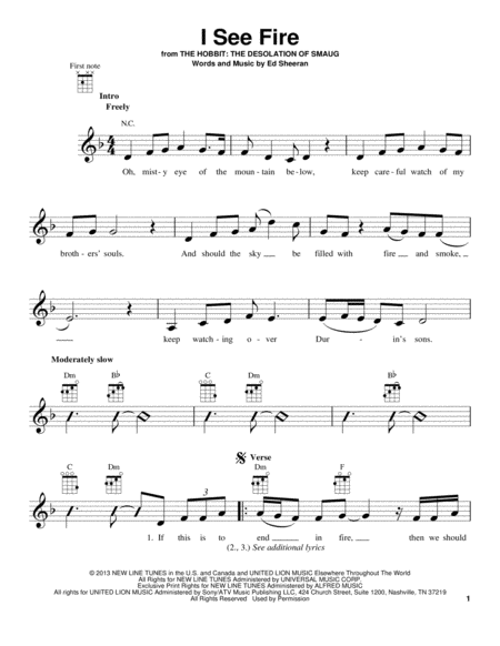 Free Sheet Music I See Fire From The Hobbit