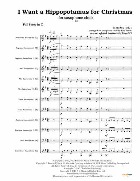 I Want A Hippopotamus For Christmas For Saxophone Choir Full Score Set Of Parts Sheet Music