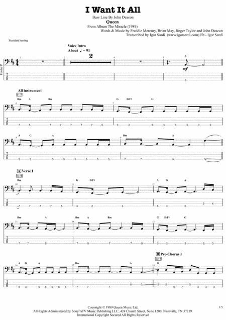 I Want It All Queen John Deacon Complete And Accurate Bass Transcription Whit Tab Sheet Music