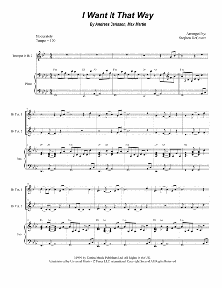 Free Sheet Music I Want It That Way Duet For Bb Trumpet