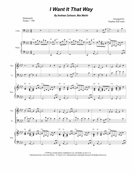 Free Sheet Music I Want It That Way Duet For Violin And Cello