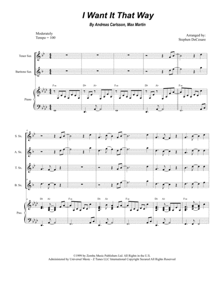 Free Sheet Music I Want It That Way For Saxophone Quartet And Piano