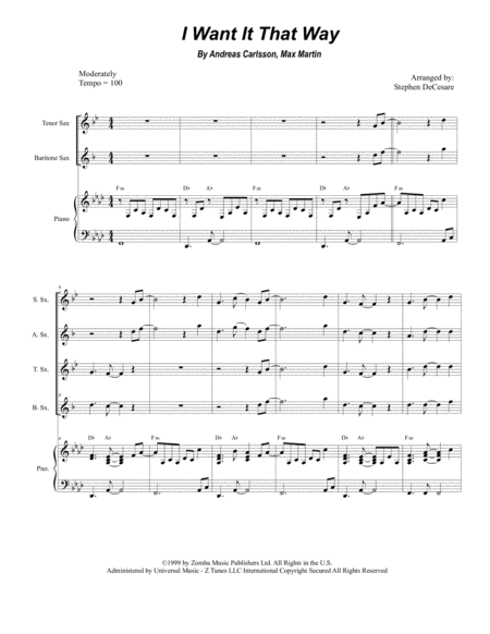 I Want It That Way For Saxophone Quartet And Piano Sheet Music