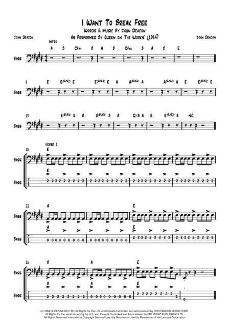 Free Sheet Music I Want To Break Free Bass Transcription With Tab