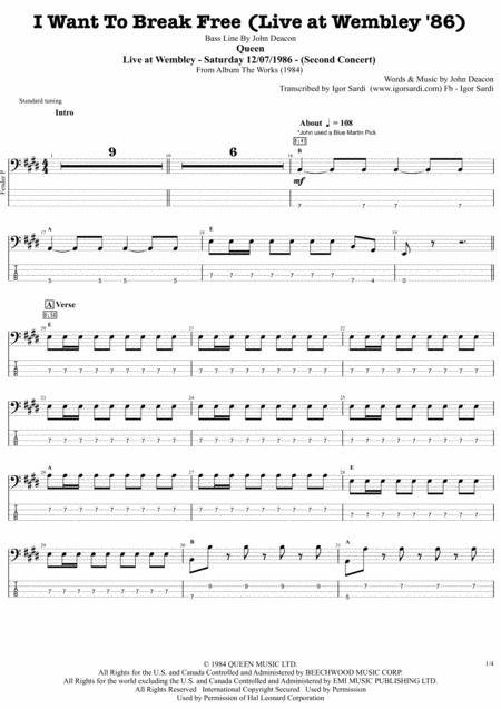 I Want To Break Free Live Wembley 86 Queen John Deacon Complete And Accurate Bass Transcription Whit Tab Sheet Music