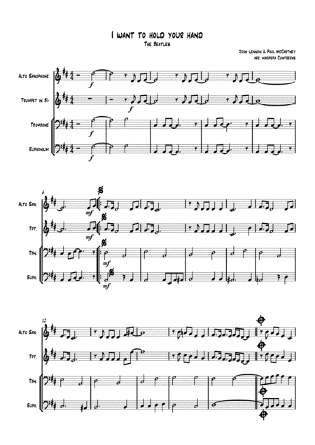 I Want To Hold Your Hand Alto Saxophone Trumpet Trombone Euphonium Sheet Music