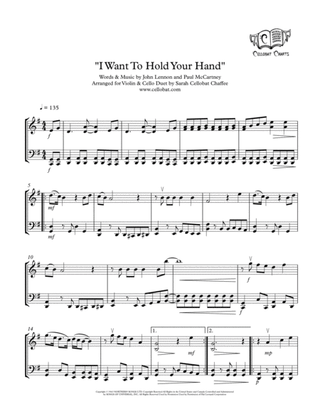 I Want To Hold Your Hand Violin Cello Duet The Beatles Arr Cellobat Sheet Music