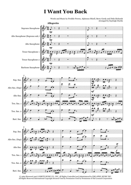 I Want You Back By The Jackson 5 Saxophone Quintet Sattb Aattb Sheet Music