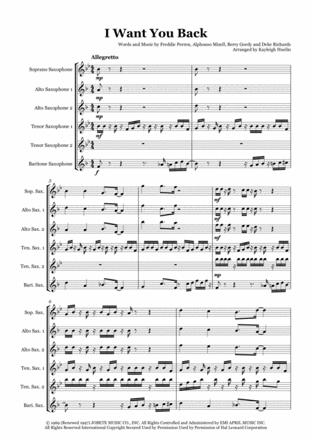 I Want You Back By The Jackson 5 Saxophone Sextet Saattb Sheet Music
