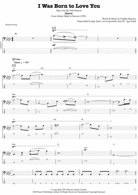 I Was Born To Love You Queen John Deacon Complete And Accurate Bass Transcription Whit Tab Sheet Music