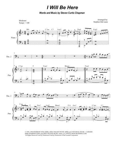 I Will Be Here Trombone Duet Sheet Music