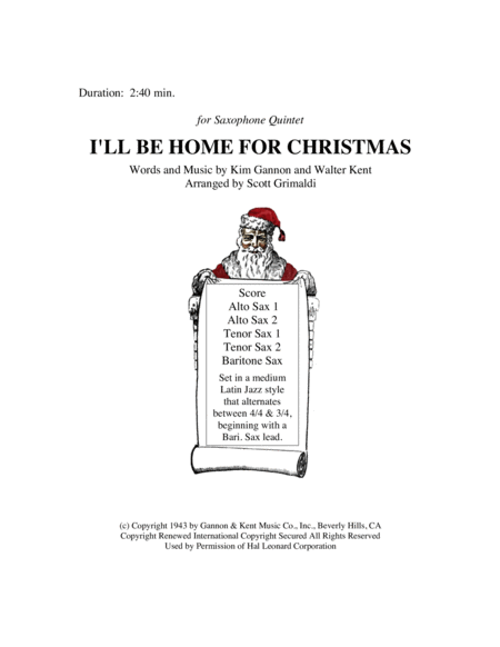 I Will Be Home For Christmas For Saxophone Quintet Aattb Sheet Music