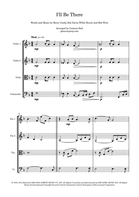 Free Sheet Music I Will Be There For String Quartet