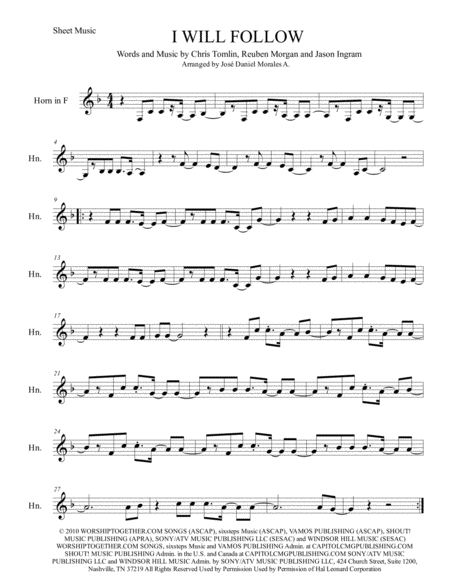 I Will Follow For Horn In F Sheet Music