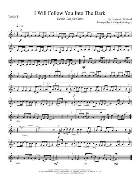 Free Sheet Music I Will Follow You Into The Dark String Quartet